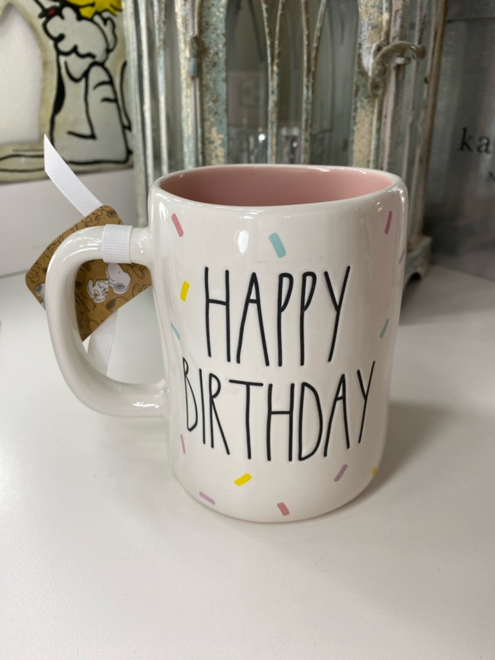 Rae Dunn Snoopy Happy Birthday Ceramic Mug - Pink Interior - Picture 2 of 2